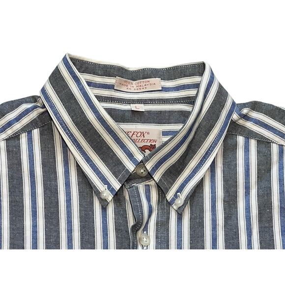The Fox Collection Mens L Button Down Shirt Gray White Blue Stripe Long Sleeve - Picture 2 of 5